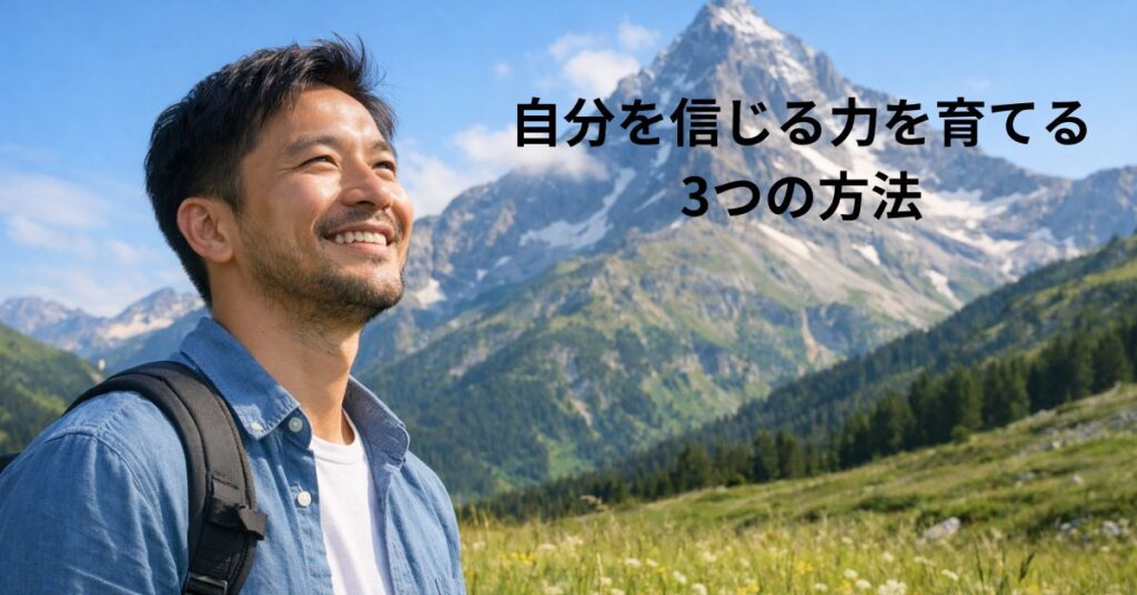 草原から山の頂を見上げて微笑む男性。青空の下、緑の草原と雪をかぶった山が広がり、穏やかな表情が「自分を信じる力」を象徴している画像。
