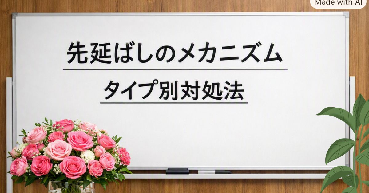 木目調の教室に設置された白板に「先延ばしのメカニズム」「タイプ別対処法」と黒文字で書かれている。白板前の机にはピンク系の花束が入った花瓶が置かれているイメージ画。