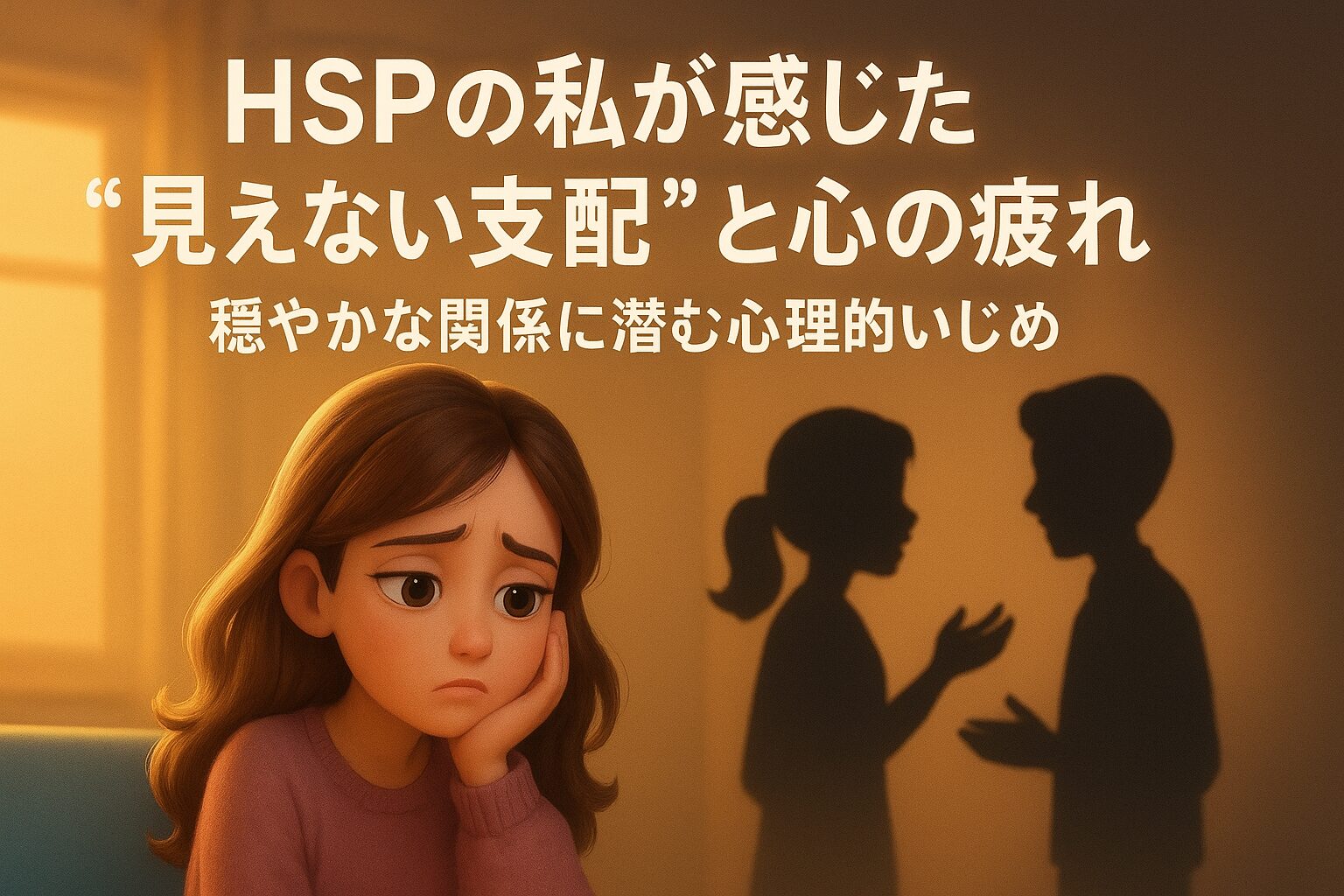 女性が前を向いて立ち、背後で陰口を言う男女が描かれたイラスト。HSPが感じる“見えないいじめ”や心理的支配を象徴。