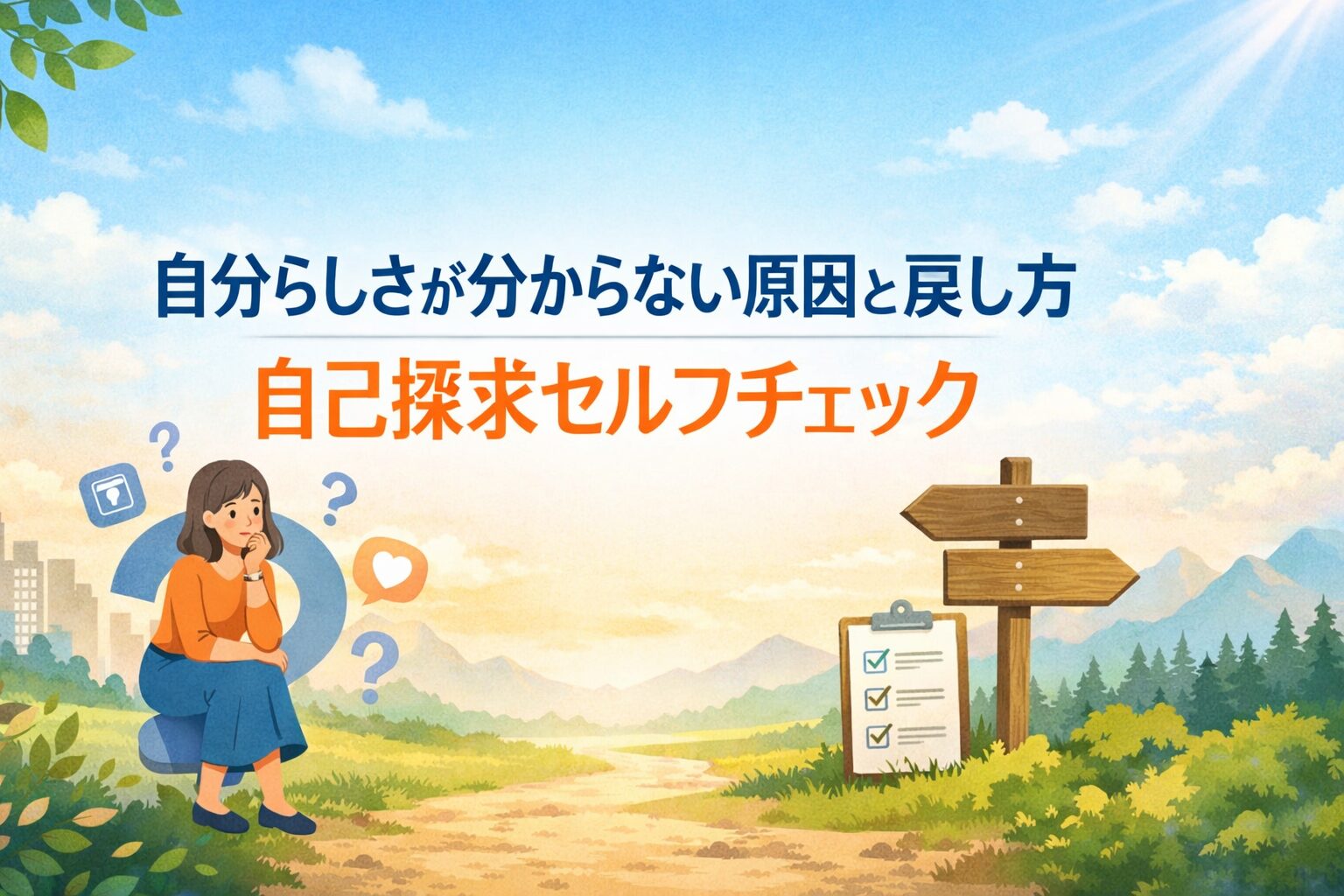 自分らしさが分からない原因と戻し方をテーマに、迷いを感じる女性とセルフチェックの道しるべを描いたイラスト