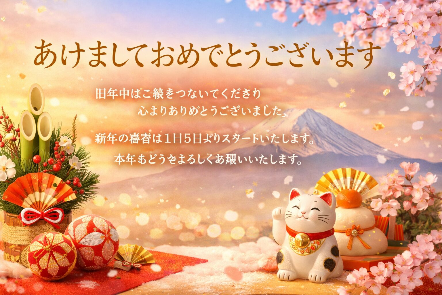 2026年の新年を祝う、やわらかな光に包まれたお正月らしいヒーリングサロンのイメージ画像