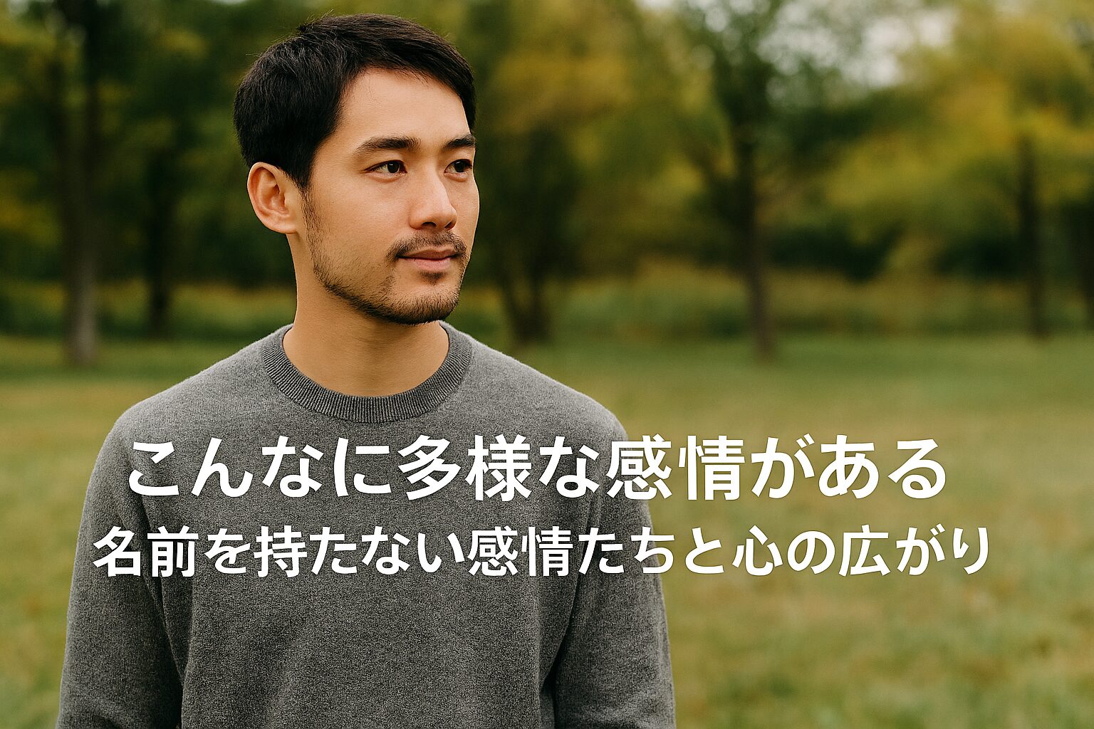 自然の中で穏やかな表情を浮かべる30代男性が、感情の多様性をテーマにした記事のタイトルとともに写っている。