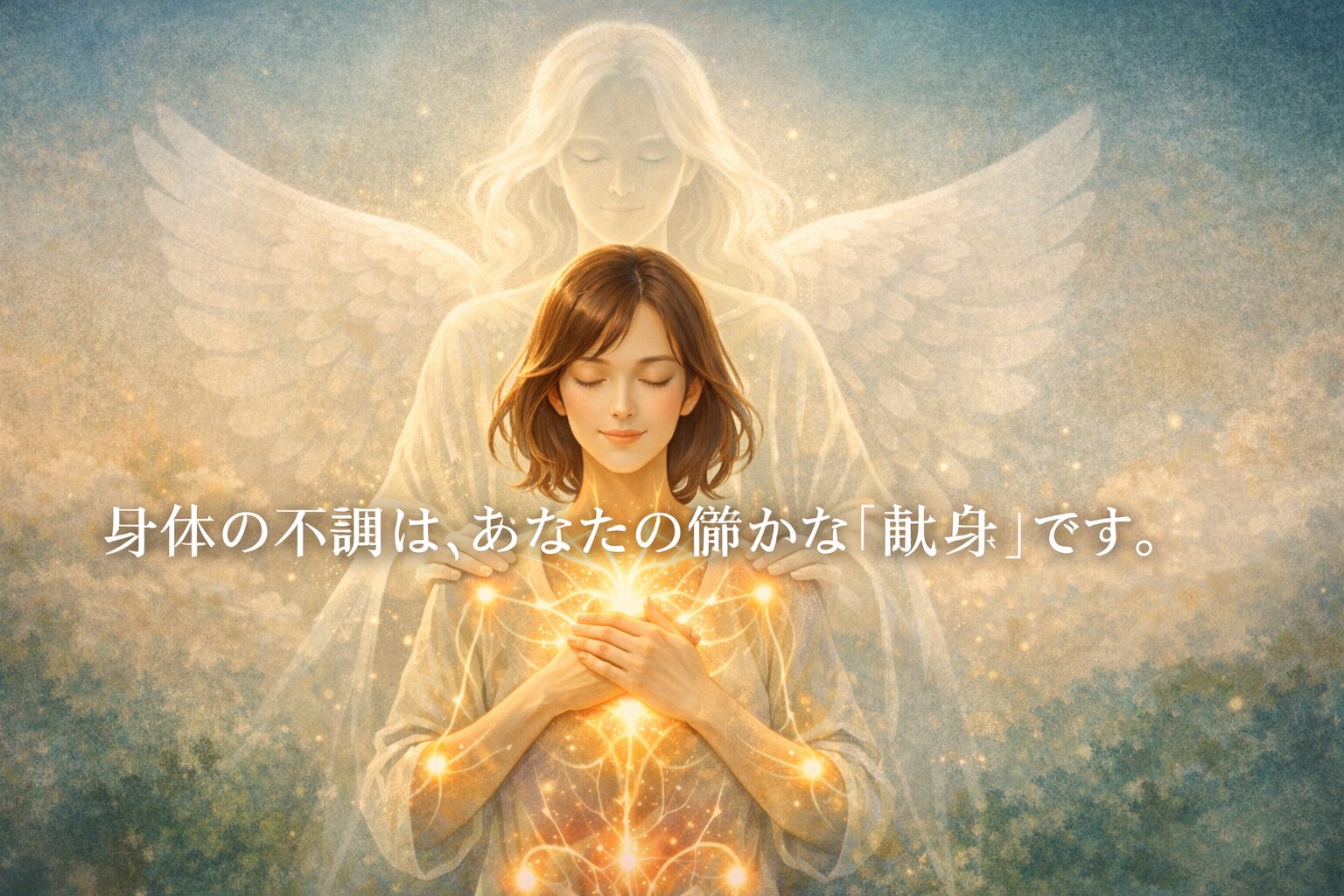 感情を抑えてきた女性の胸にあたたかな光が広がり、背後から守るように天使が寄り添っているヒーリングイメージ