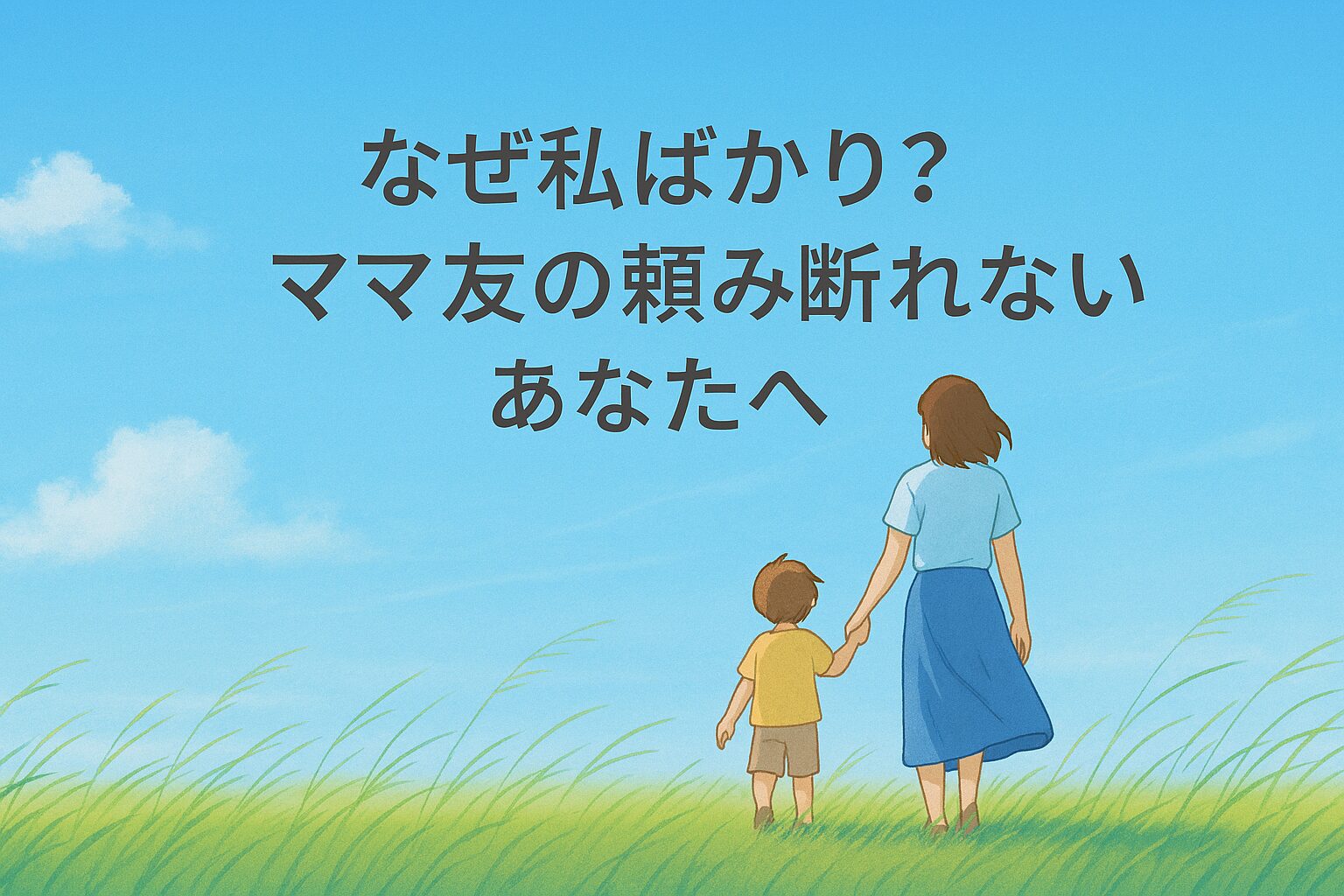 「なぜ私ばかり？ママ友の頼みを断れないあなたへ」というタイトルが入った草原を手をつないで歩く母と子の後ろ姿の画像。