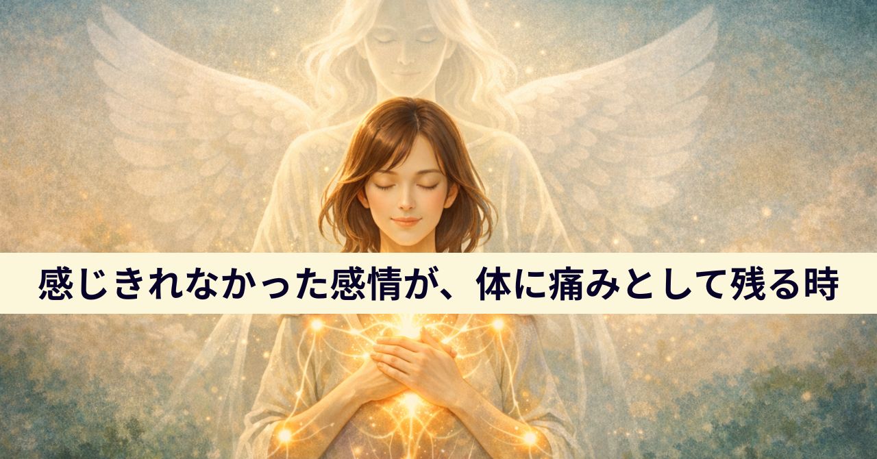 感情を抑えてきた女性の胸にあたたかな光が広がり、背後から守るように天使が寄り添っているヒーリングイメージ