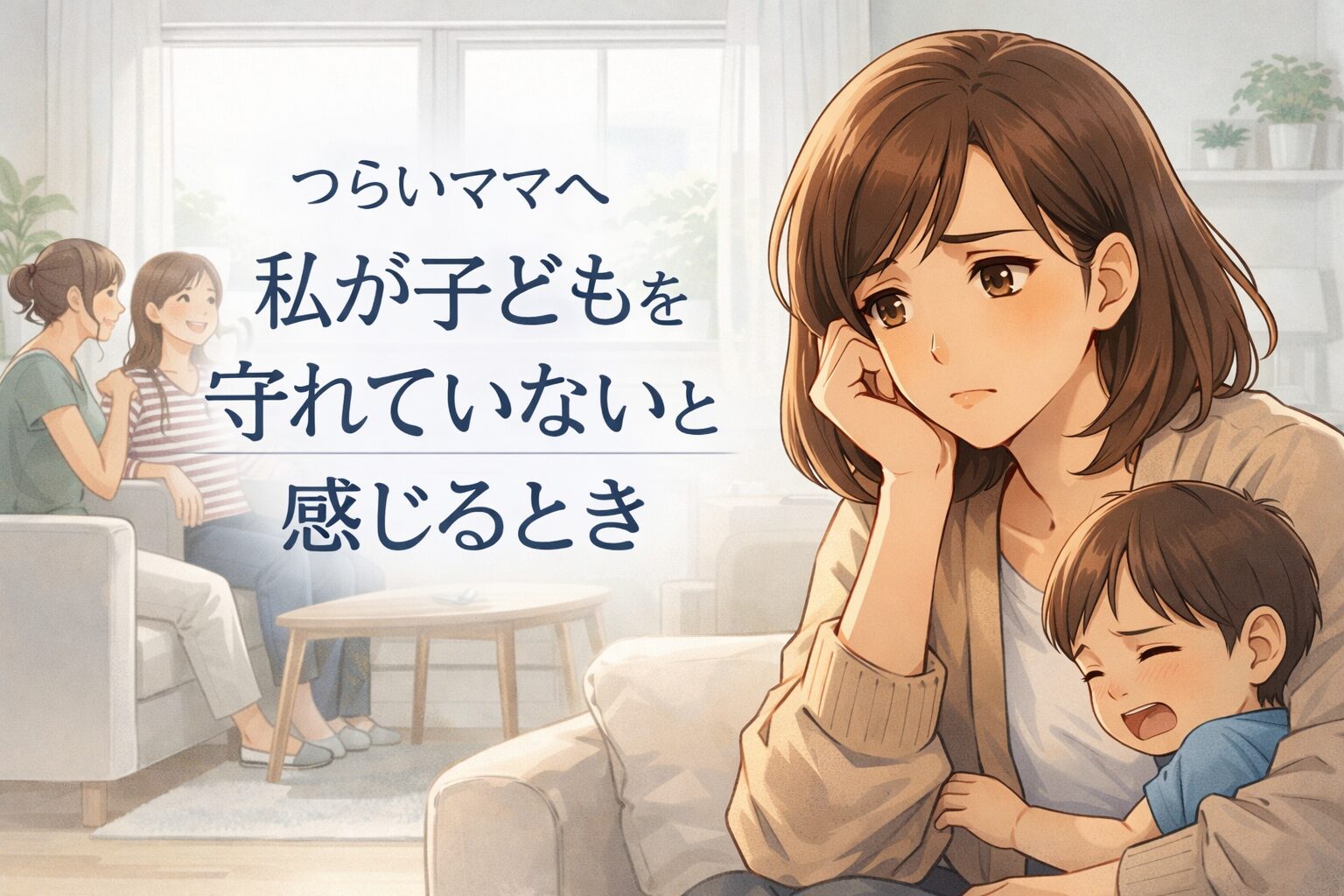 私が子どもを守れていないと感じるときの文字が中央に配置されたリビングでママ友が談笑する中、愚図る子どもを抱え困った表情をする母親のイラスト