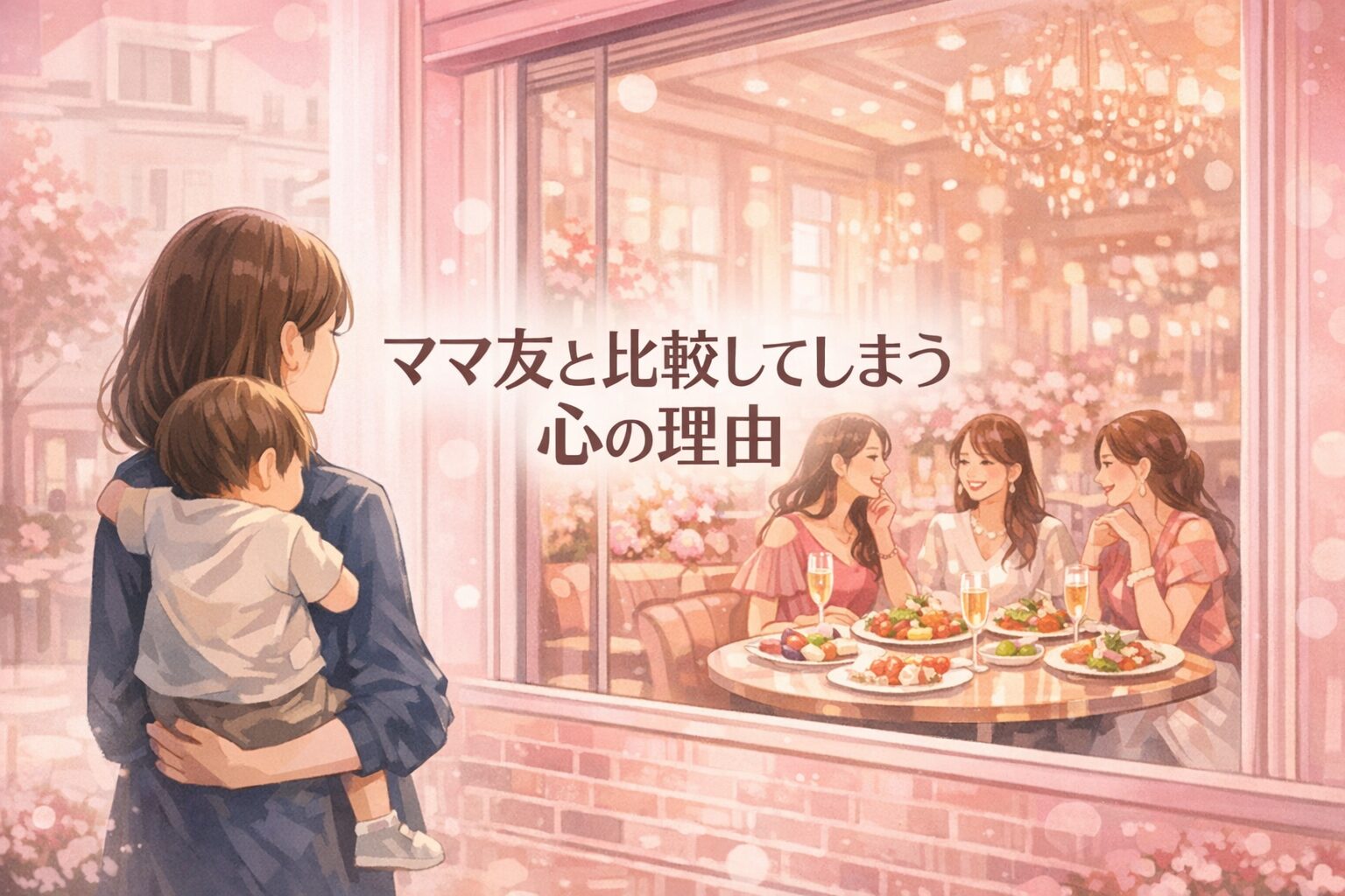 カフェの窓越しにママ友を見つめる母親と子ども。他のママ友と比較してしまう心の揺れを描いたイラスト。