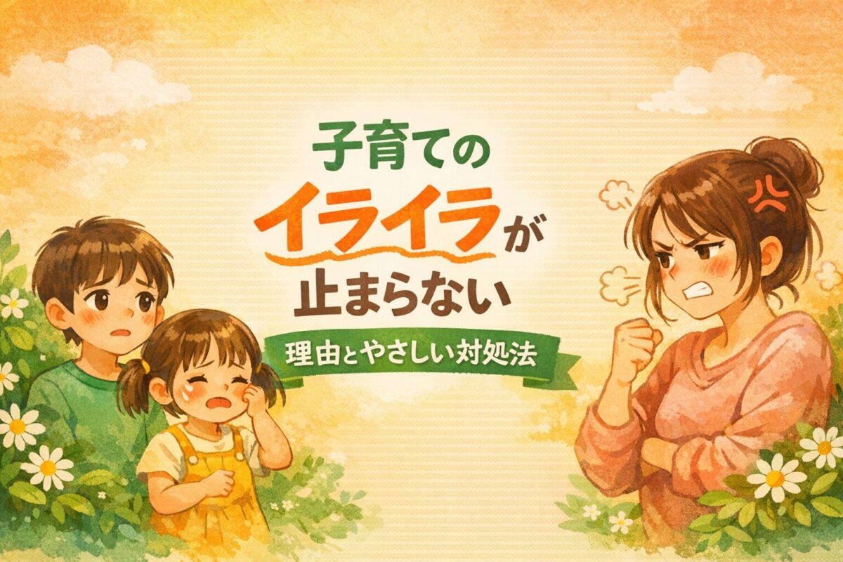 怒りを抑えられずイライラする母親と、泣いている幼い兄妹を描いたイラスト。子育てのストレスと感情の揺れを表現しています。