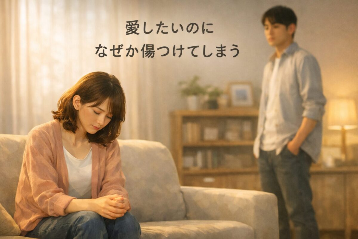 ソファに座る女性がうつむき、少し離れた位置に立つ男性が見守る。夫婦のすれ違いと心の距離を表す写真。