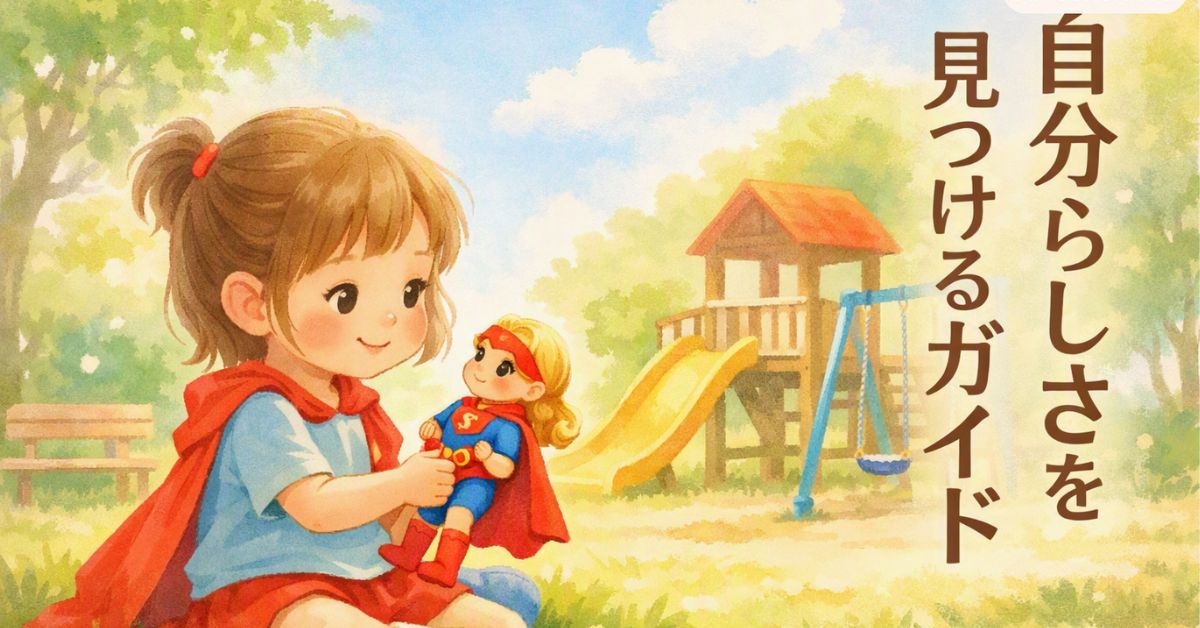 自分らしさを見つけるガイドの絵本風イラスト。公園でスーパーガール風の人形を持って遊ぶ4歳の女の子が自分らしさを表現している。